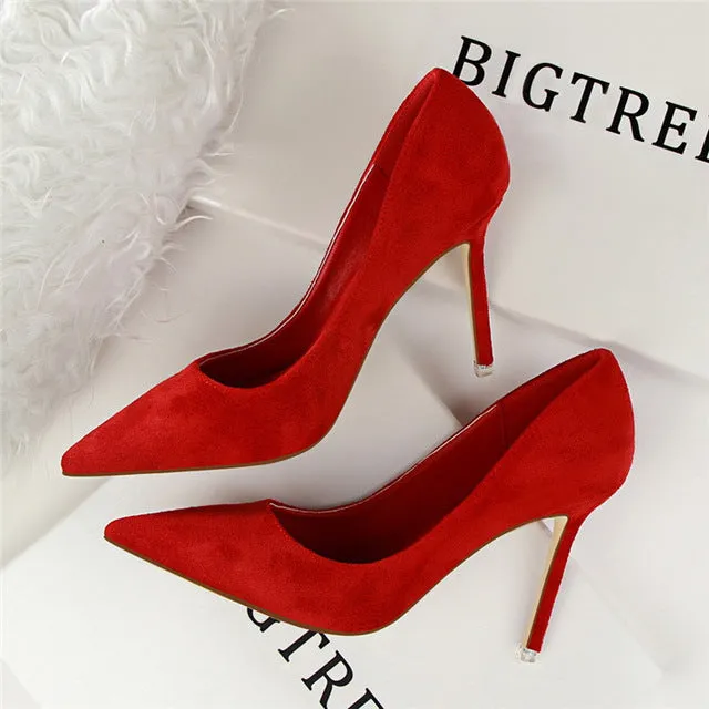 2018 New Arrival Korean Concise Pointed Toe Office Shoes Women's Fashion Solid Flock Shallow High Heels Shoes for Women 9 Colors