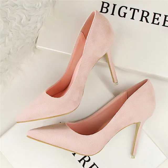 2018 New Arrival Korean Concise Pointed Toe Office Shoes Women's Fashion Solid Flock Shallow High Heels Shoes for Women 9 Colors