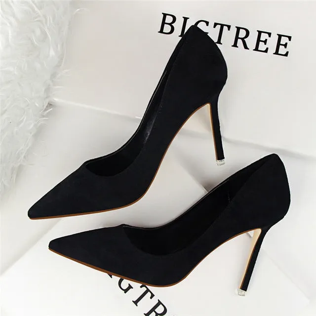 2018 New Arrival Korean Concise Pointed Toe Office Shoes Women's Fashion Solid Flock Shallow High Heels Shoes for Women 9 Colors