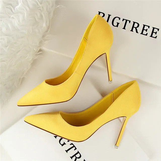 2018 New Arrival Korean Concise Pointed Toe Office Shoes Women's Fashion Solid Flock Shallow High Heels Shoes for Women 9 Colors