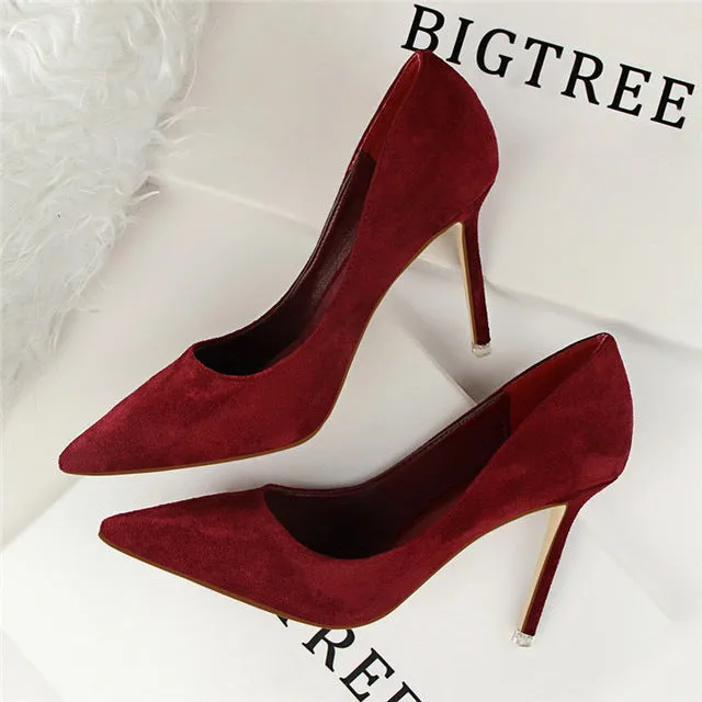 2018 New Arrival Korean Concise Pointed Toe Office Shoes Women's Fashion Solid Flock Shallow High Heels Shoes for Women 9 Colors