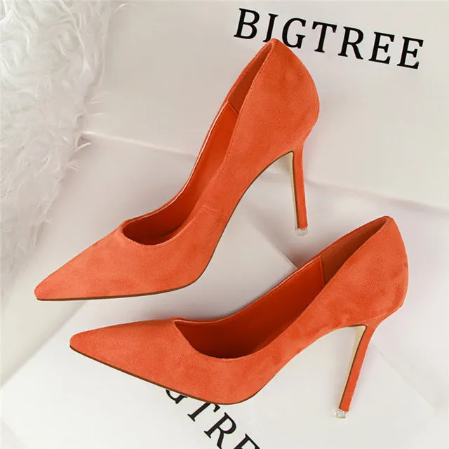 2018 New Arrival Korean Concise Pointed Toe Office Shoes Women's Fashion Solid Flock Shallow High Heels Shoes for Women 9 Colors