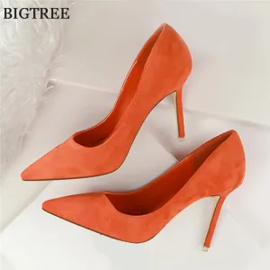 2018 New Arrival Korean Concise Pointed Toe Office Shoes Women's Fashion Solid Flock Shallow High Heels Shoes for Women 9 Colors