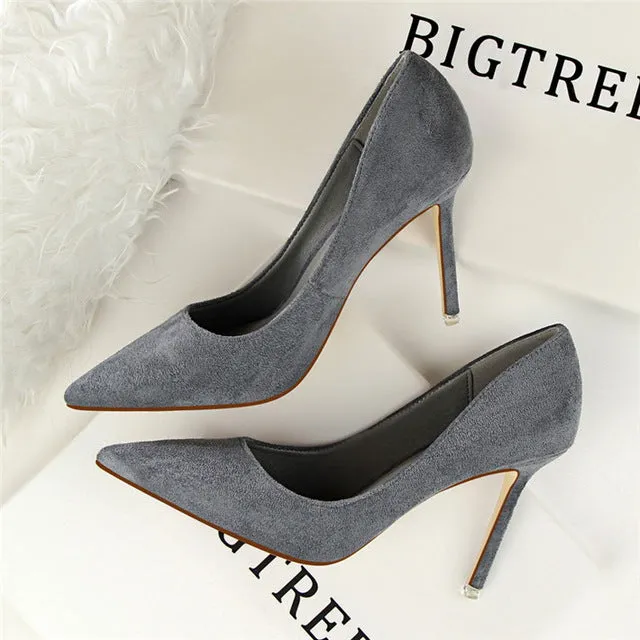 2018 New Arrival Korean Concise Pointed Toe Office Shoes Women's Fashion Solid Flock Shallow High Heels Shoes for Women 9 Colors