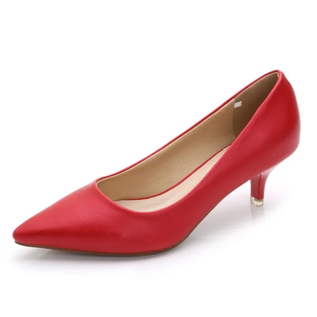 2020 New Women Med High Heels Ladies Pointed Toe Heeled Shoes Soft Leather Fashion Pumps For Woman Office Shoes Pink Red E0005