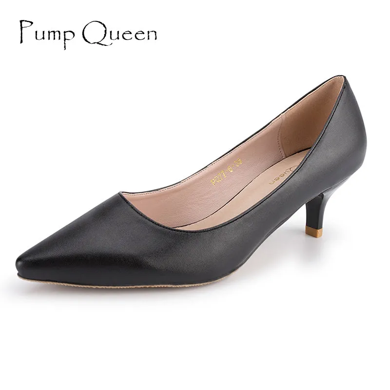 Basic Black Heels Women Pumps 2018 New Office Shoes for Woman Real Leather Insole Low Heel Blue Red Nude Color Size 41