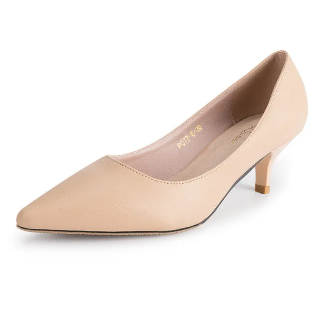 Basic Black Heels Women Pumps 2018 New Office Shoes for Woman Real Leather Insole Low Heel Blue Red Nude Color Size 41