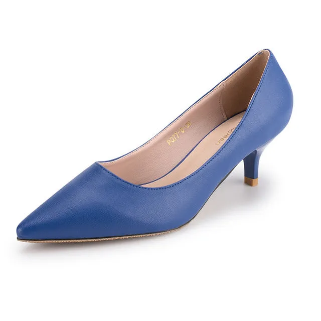 Basic Black Heels Women Pumps 2018 New Office Shoes for Woman Real Leather Insole Low Heel Blue Red Nude Color Size 41