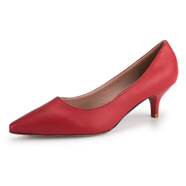 Basic Black Heels Women Pumps 2018 New Office Shoes for Woman Real Leather Insole Low Heel Blue Red Nude Color Size 41