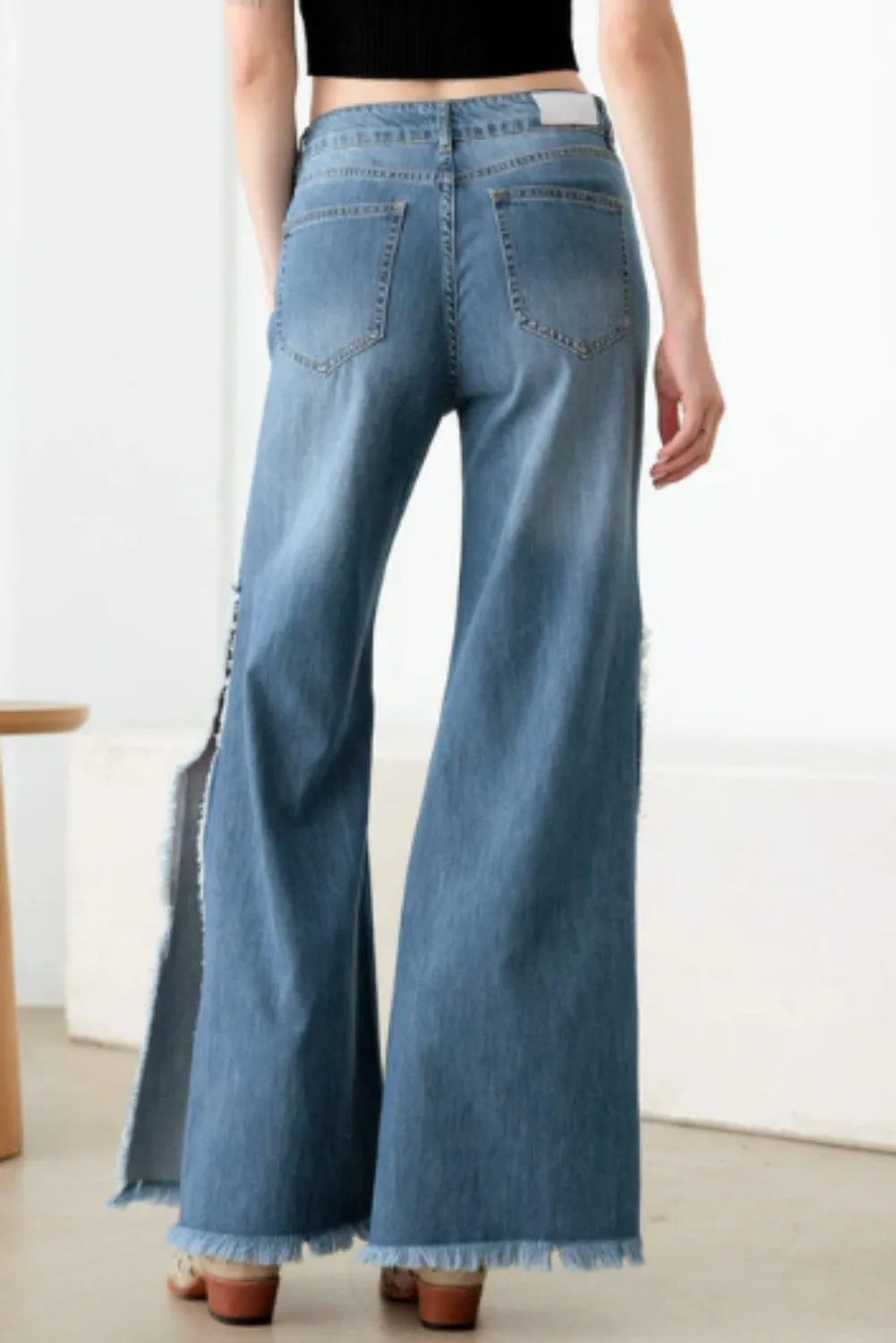 Blue Side Slit Wide Leg Destroyed Jeans