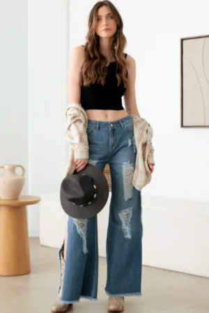 Blue Side Slit Wide Leg Destroyed Jeans