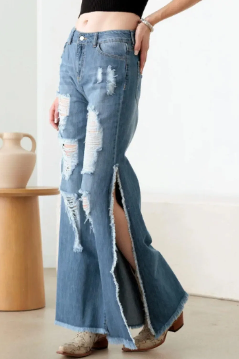 Blue Side Slit Wide Leg Destroyed Jeans