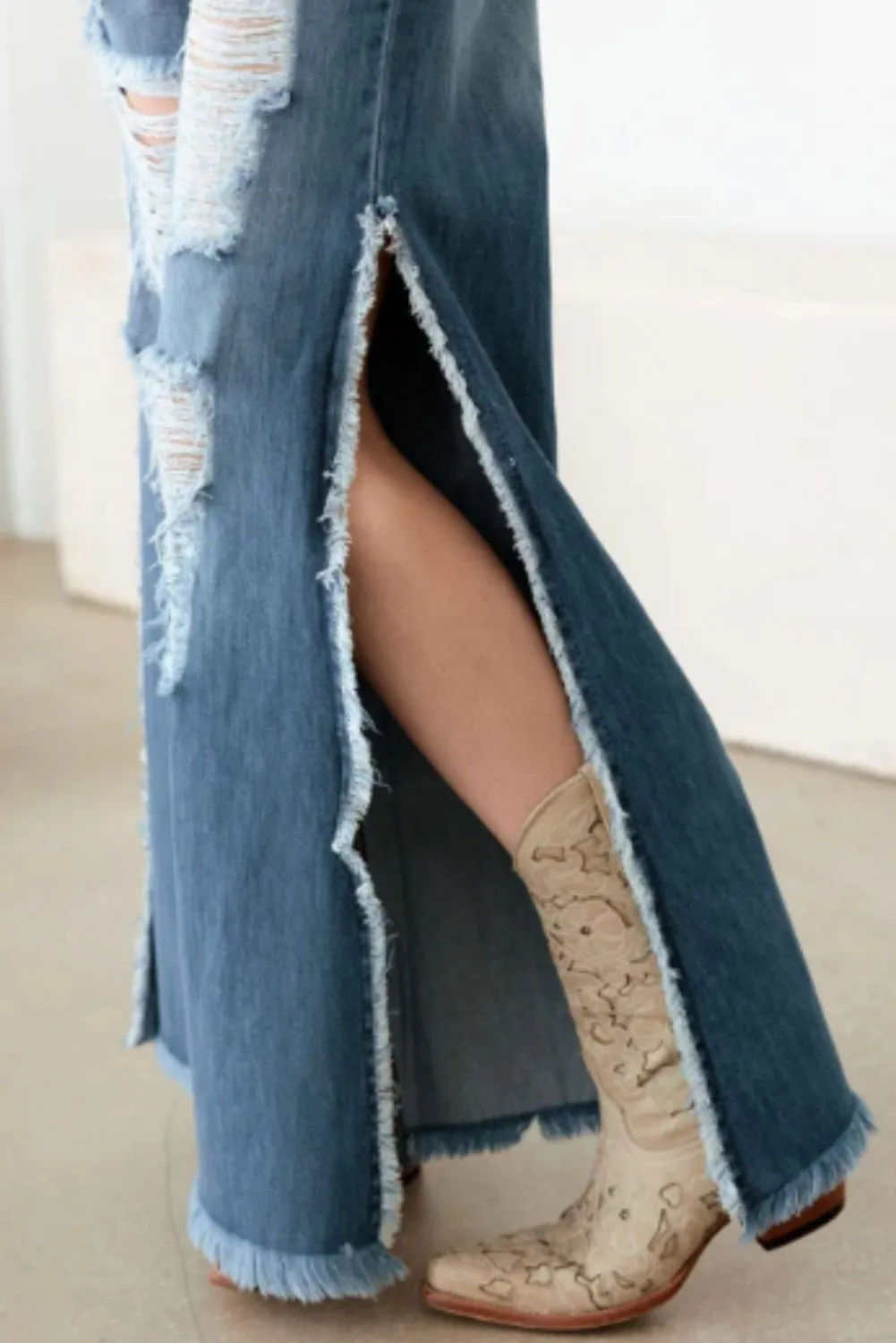 Blue Side Slit Wide Leg Destroyed Jeans