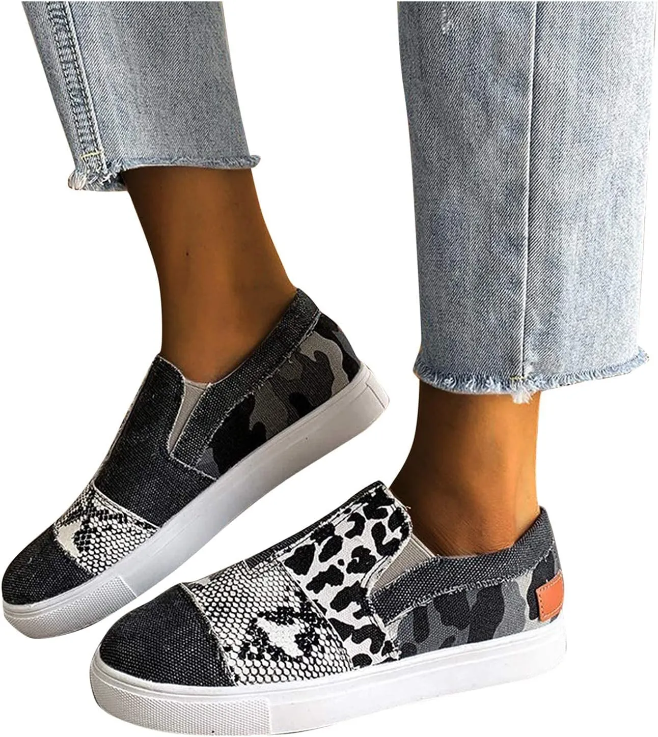 Canvas Walking Shoes for Women Wide Width Women's Slip on Shoes Non Slip Fashion Canvas Sneakers Low Top Casual Washed and Leopard Fashion Sneaker Driving Walking Work Going Out Sports Flat Footwear