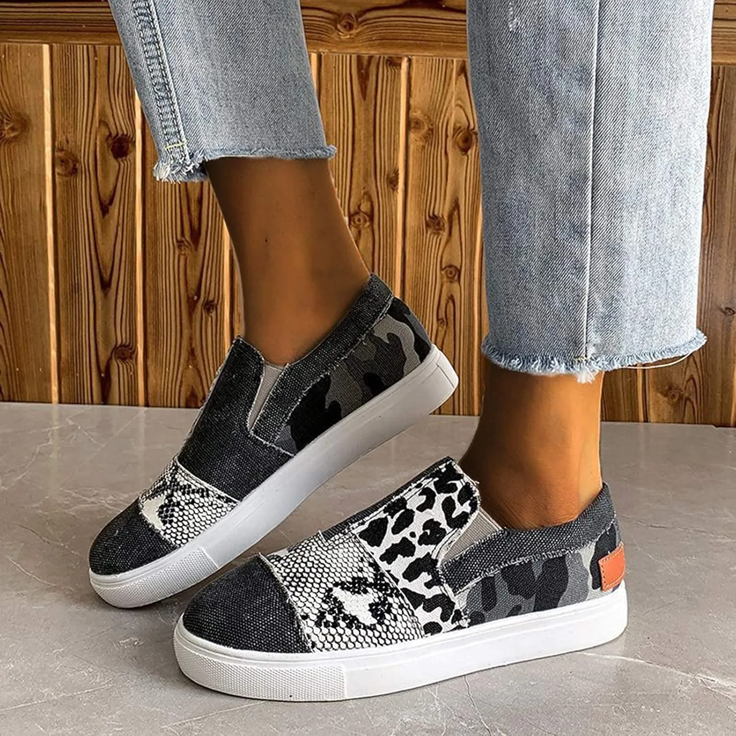 Canvas Walking Shoes for Women Wide Width Women's Slip on Shoes Non Slip Fashion Canvas Sneakers Low Top Casual Washed and Leopard Fashion Sneaker Driving Walking Work Going Out Sports Flat Footwear
