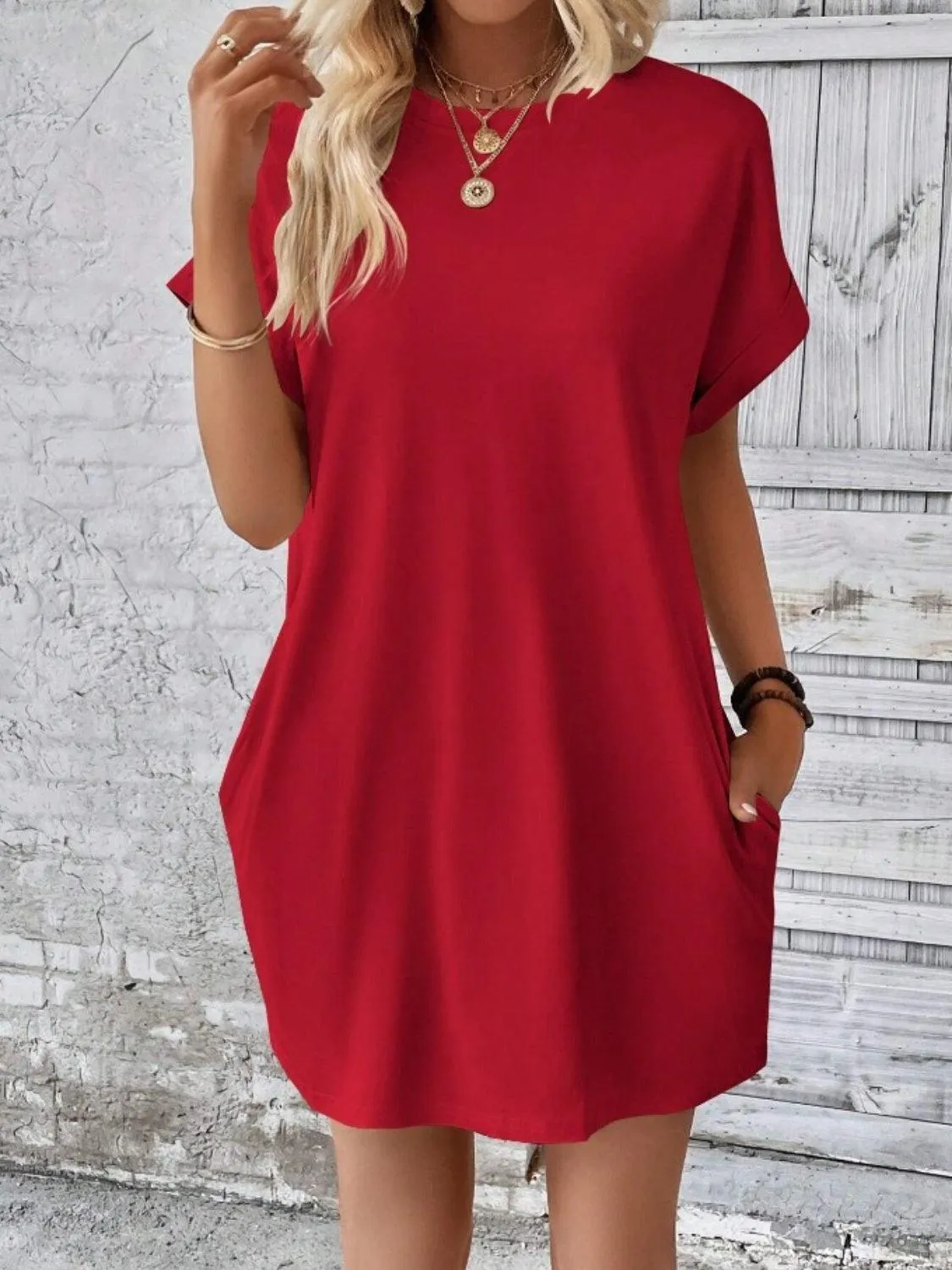 Comfy Free Crew Neck Short Sleeve T Shirt Dress