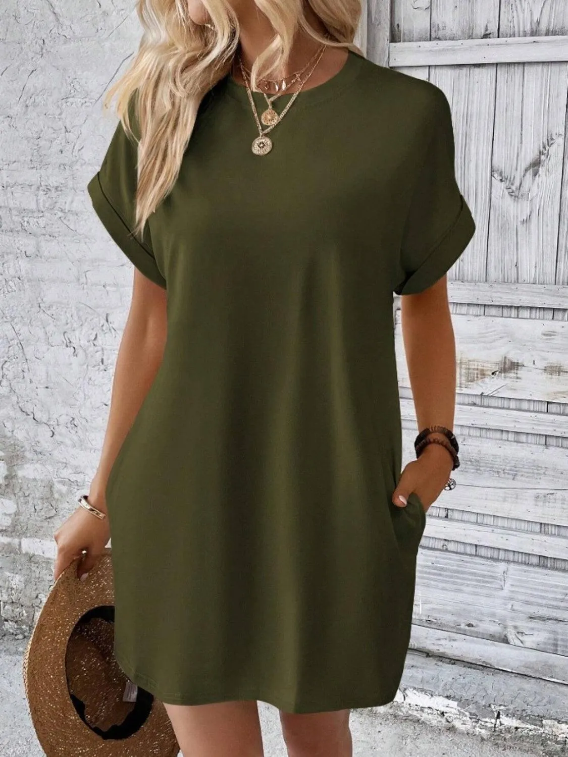 Comfy Free Crew Neck Short Sleeve T Shirt Dress