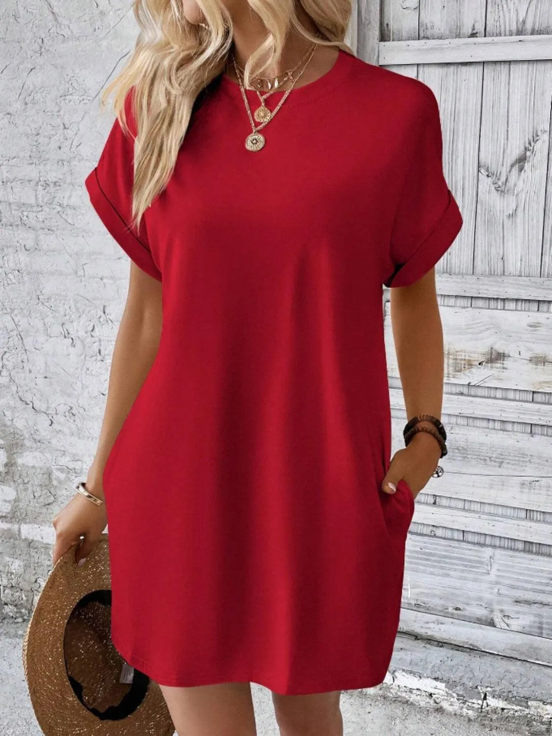 Comfy Free Crew Neck Short Sleeve T Shirt Dress
