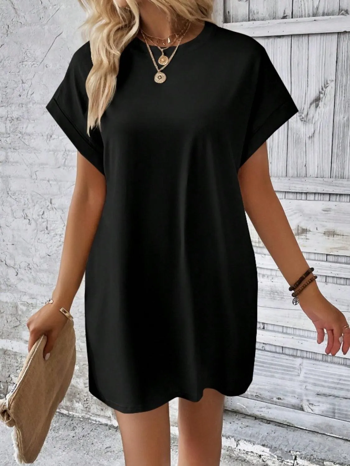 Comfy Free Crew Neck Short Sleeve T Shirt Dress