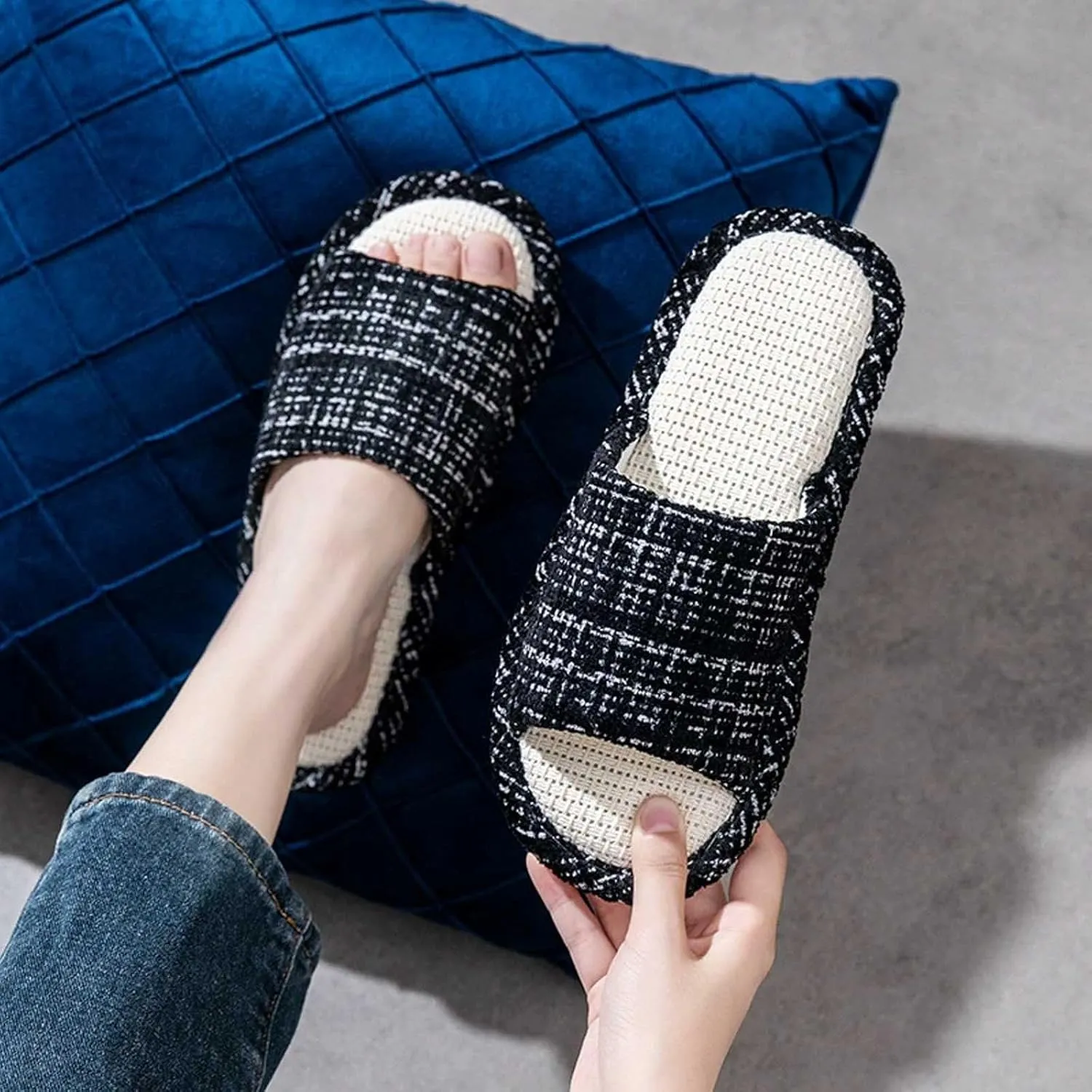 Couples Fashion Open Toe Cloth Mute Slippers Men's and Women's Linen Home Shoes Women Bed Slippers Size 11
