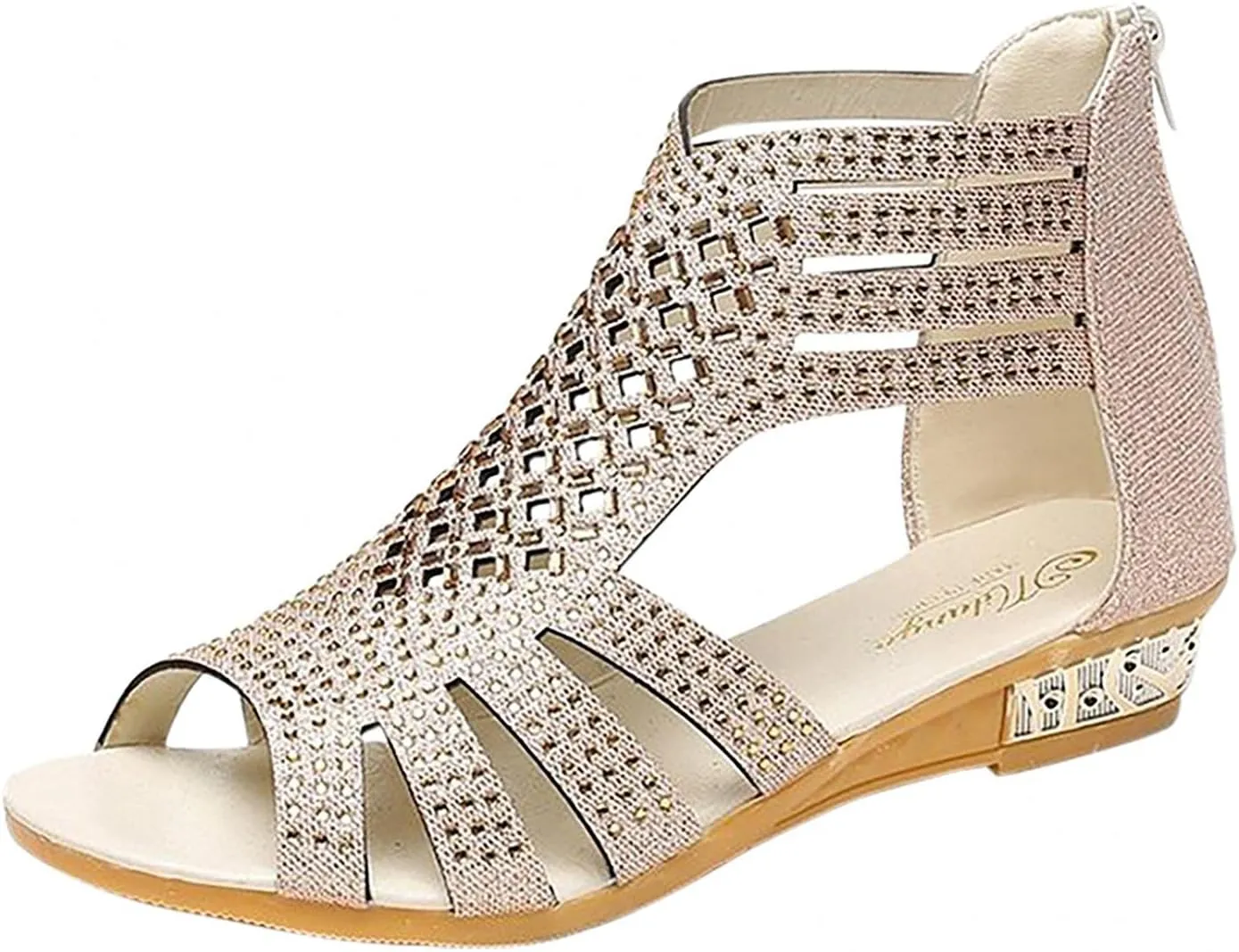 Hbeylia Flat Sandals for Women,Rhinestones Hollow Out Peep Toe Cross Strap Sandals for Womens Glitter Zipper Roman Gladiator Sandals Shoes Summer Casual Daily Sandals