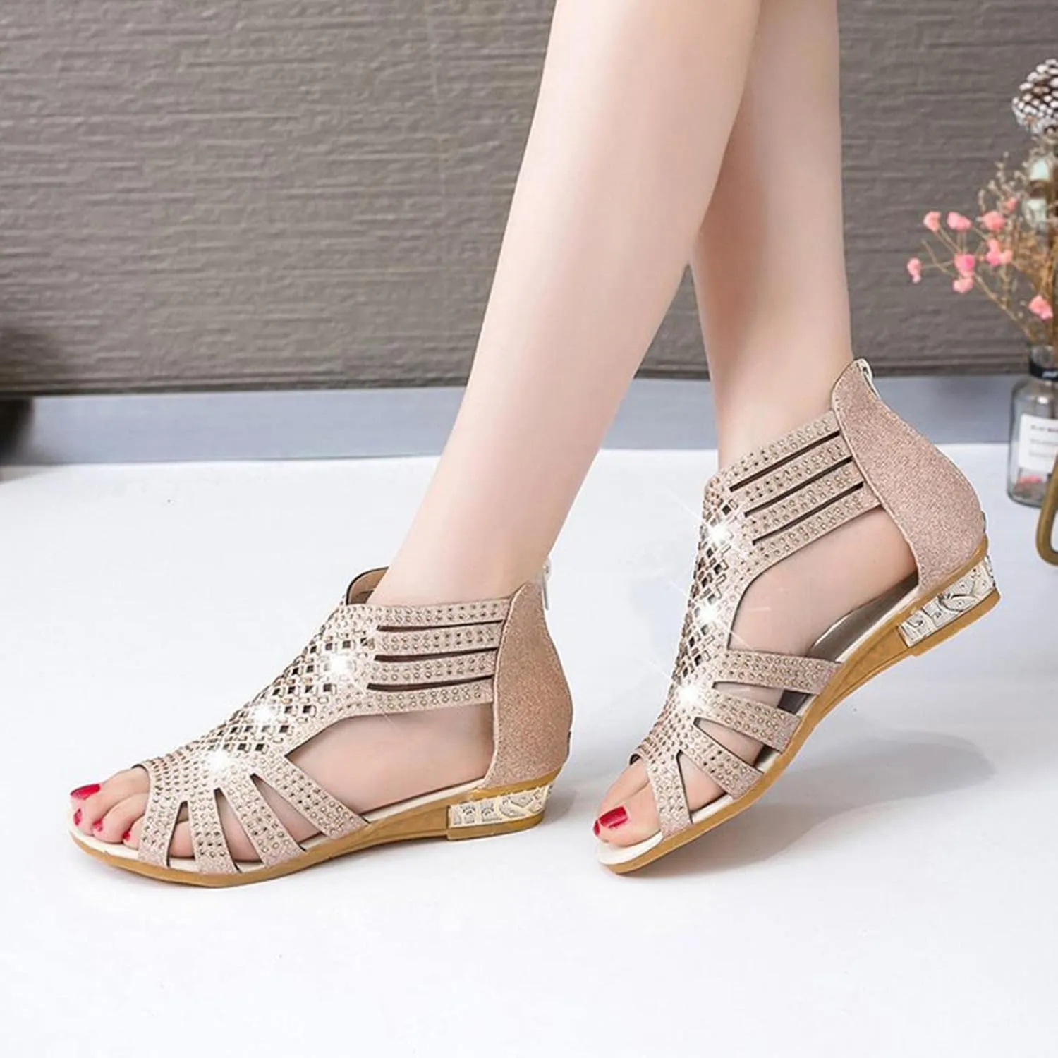 Hbeylia Flat Sandals for Women,Rhinestones Hollow Out Peep Toe Cross Strap Sandals for Womens Glitter Zipper Roman Gladiator Sandals Shoes Summer Casual Daily Sandals