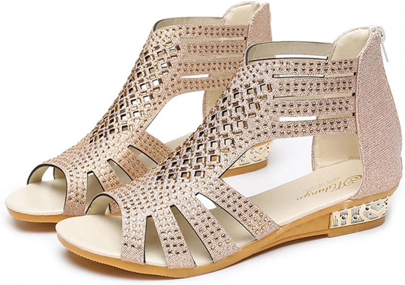 Hbeylia Flat Sandals for Women,Rhinestones Hollow Out Peep Toe Cross Strap Sandals for Womens Glitter Zipper Roman Gladiator Sandals Shoes Summer Casual Daily Sandals