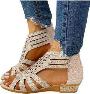 Hbeylia Flat Sandals for Women,Rhinestones Hollow Out Peep Toe Cross Strap Sandals for Womens Glitter Zipper Roman Gladiator Sandals Shoes Summer Casual Daily Sandals