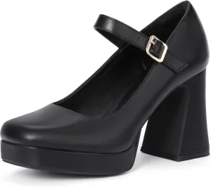 IDIFU IN4 Platform Mary Jane Shoes Women's Pumps High Chunky Square Closed Toe Heels Block Ankle Strap Work Wedding Prom Comfortable Dress Shoe Dressy Cute Trendy Vintage Heel Pump Shoes