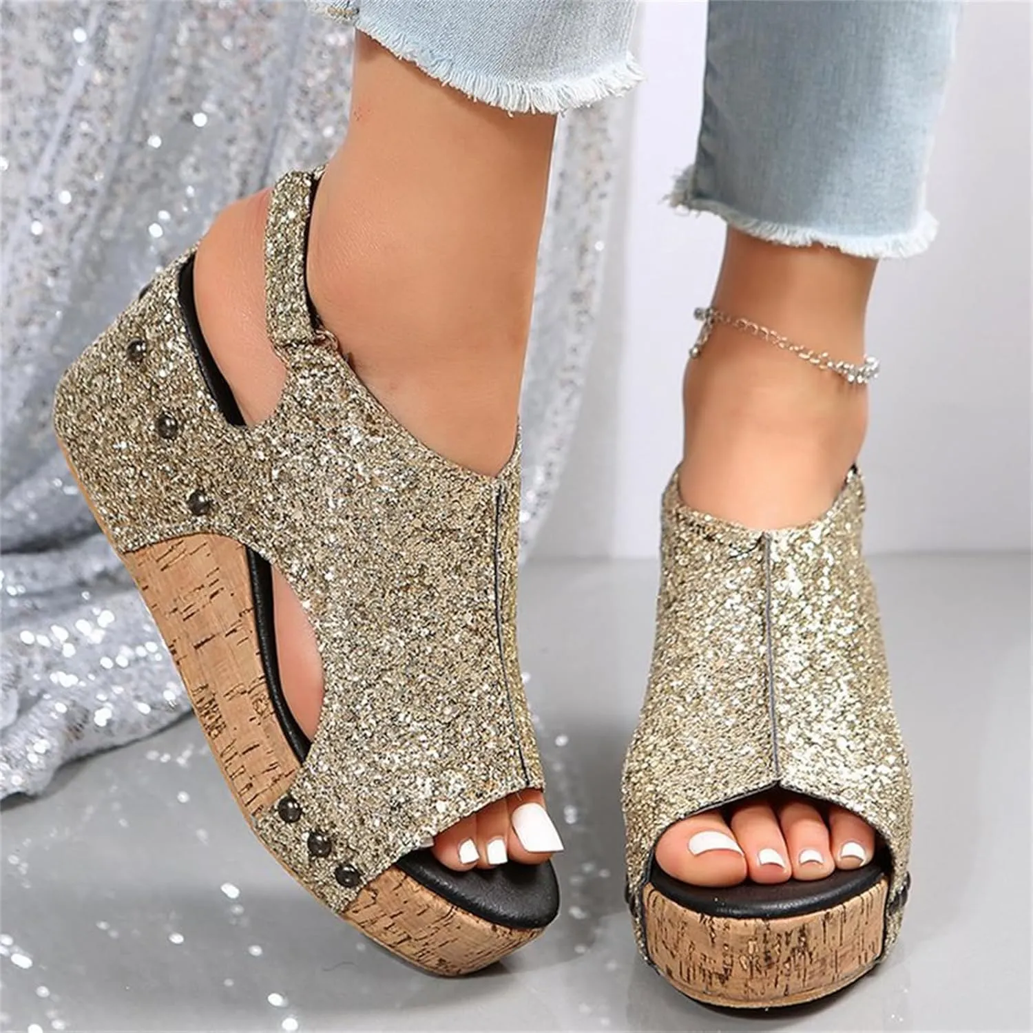 Ladmiple Sandals For Women 2024 Comfortable Wedge Platform Slip on Sandals Flatform Open Toe Sparkly Summer Dress Shoes