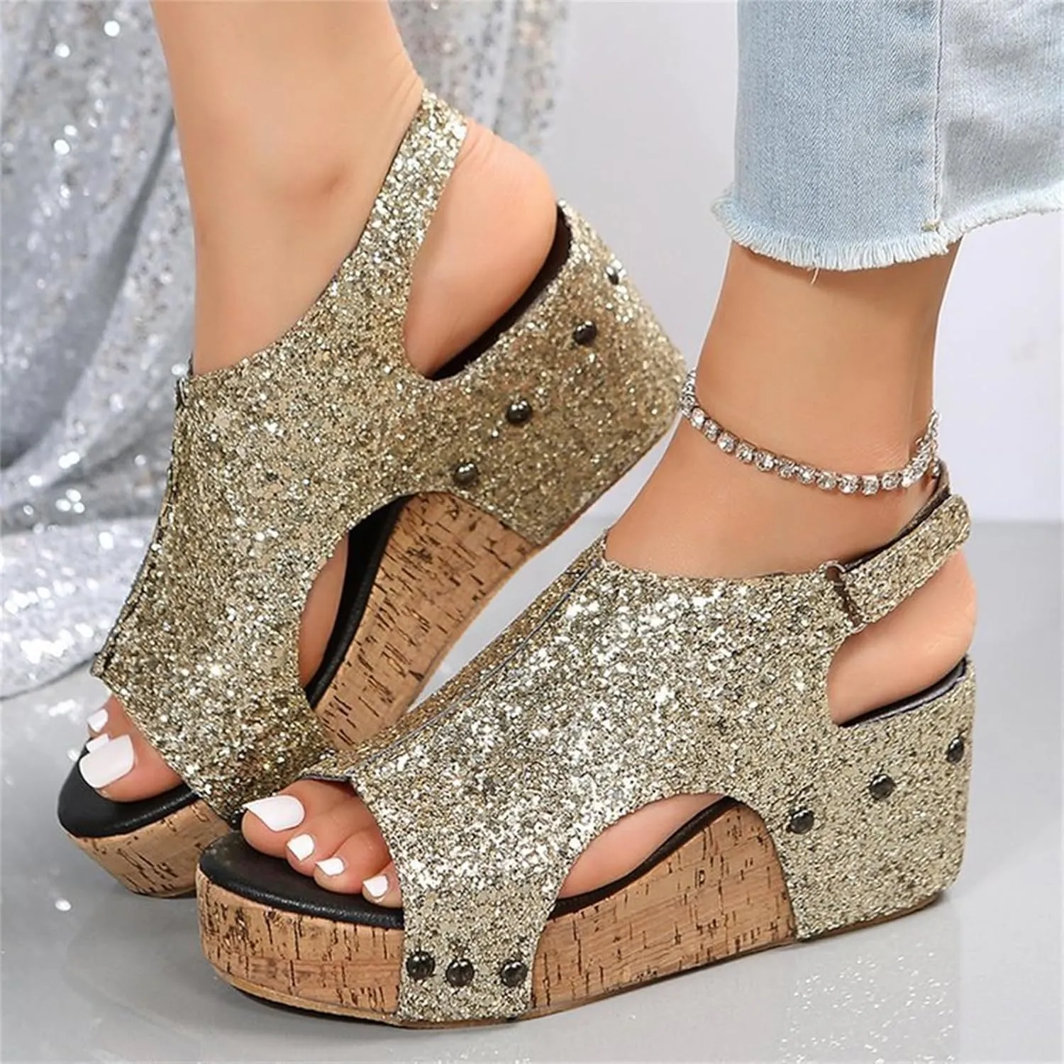 Ladmiple Sandals For Women 2024 Comfortable Wedge Platform Slip on Sandals Flatform Open Toe Sparkly Summer Dress Shoes