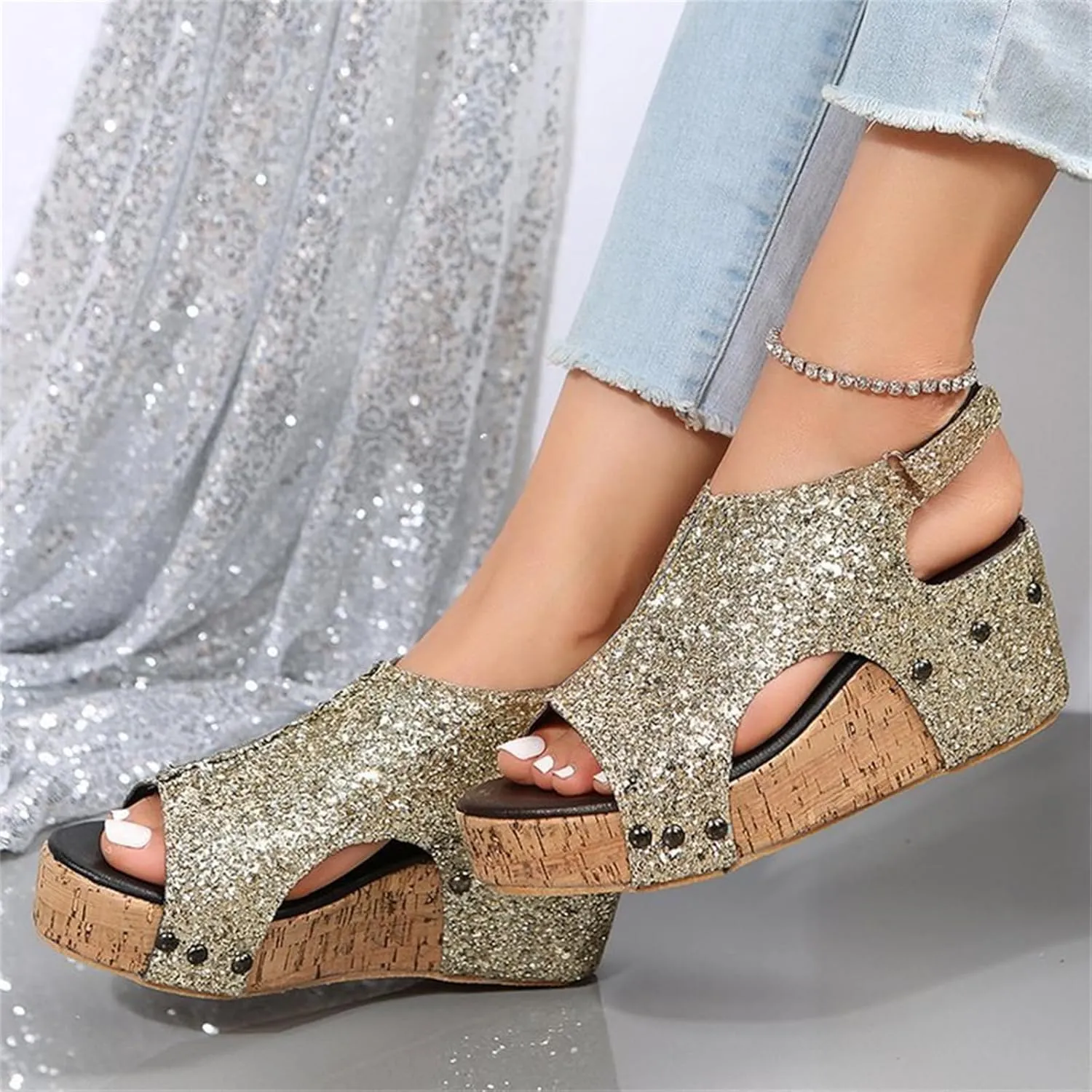 Ladmiple Sandals For Women 2024 Comfortable Wedge Platform Slip on Sandals Flatform Open Toe Sparkly Summer Dress Shoes