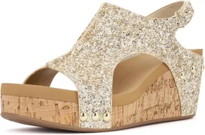 Ladmiple Sandals For Women 2024 Comfortable Wedge Platform Slip on Sandals Flatform Open Toe Sparkly Summer Dress Shoes