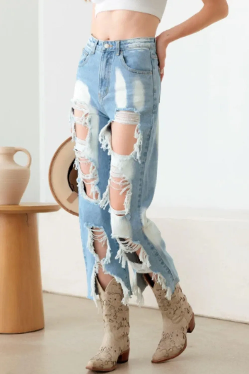 Light Blue Distressed Stylish Cut Jeans