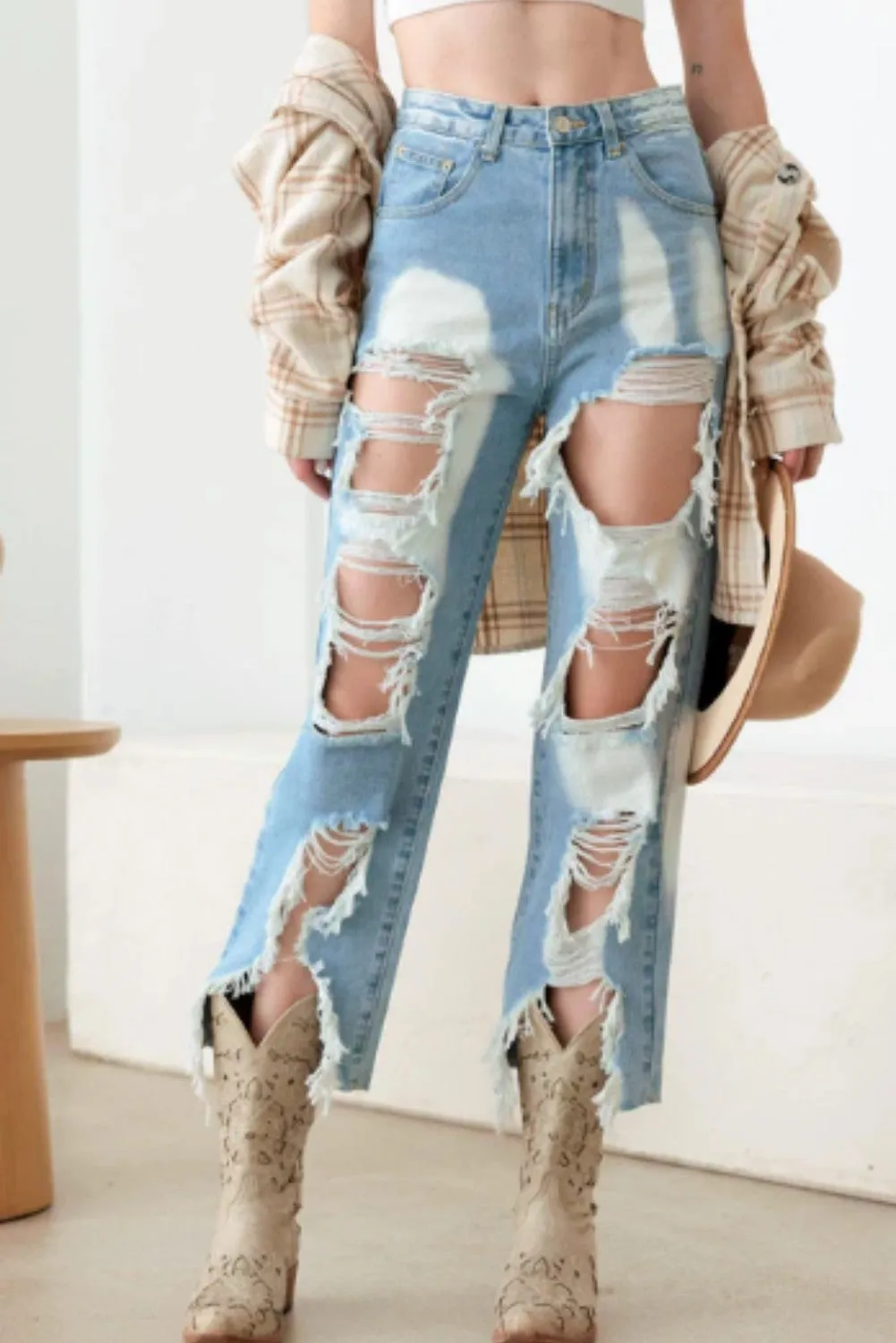 Light Blue Distressed Stylish Cut Jeans