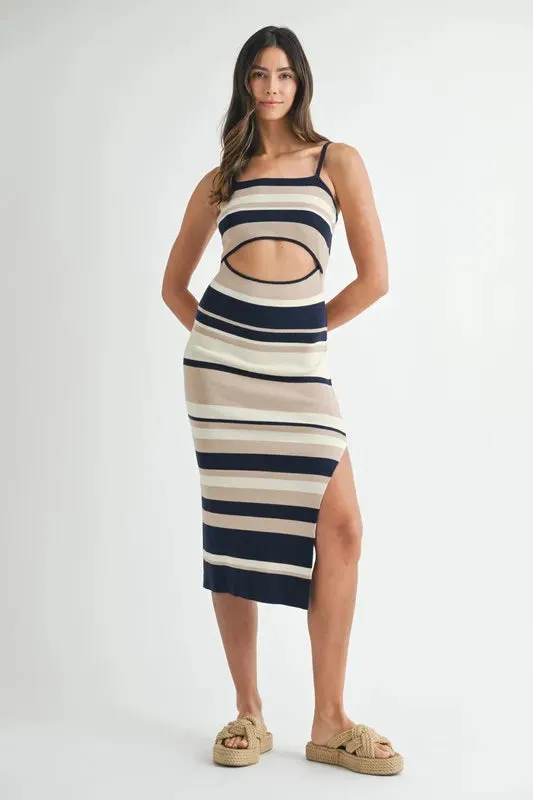 MABLE Multi Color Striped Front Cutout Knit Midi Dress