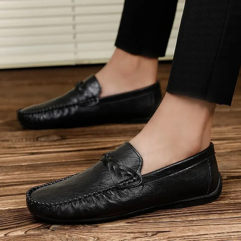 Men's Vegan Leather Loafers - Round Toe, Solid Color, Flexible Flat Heel, Comfortable Slip-Ons for Casual Wear and Weddings