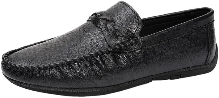 Men's Vegan Leather Loafers - Round Toe, Solid Color, Flexible Flat Heel, Comfortable Slip-Ons for Casual Wear and Weddings