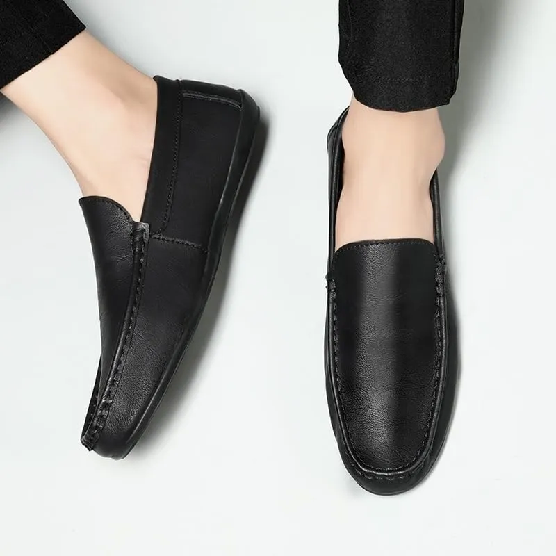 Men's Vegan Leather Loafers - Solid Color Round Toe Flat Heel Anti-Slip Flexible Slip-Ons for Fashion and Casual Wear