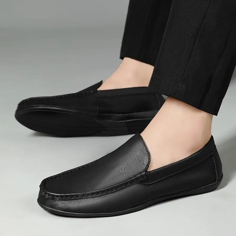Men's Vegan Leather Loafers - Solid Color Round Toe Flat Heel Anti-Slip Flexible Slip-Ons for Fashion and Casual Wear