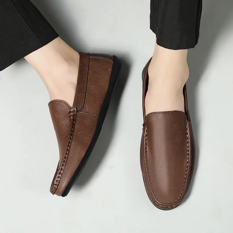 Men's Vegan Leather Loafers - Solid Color Round Toe Flat Heel Anti-Slip Flexible Slip-Ons for Fashion and Casual Wear