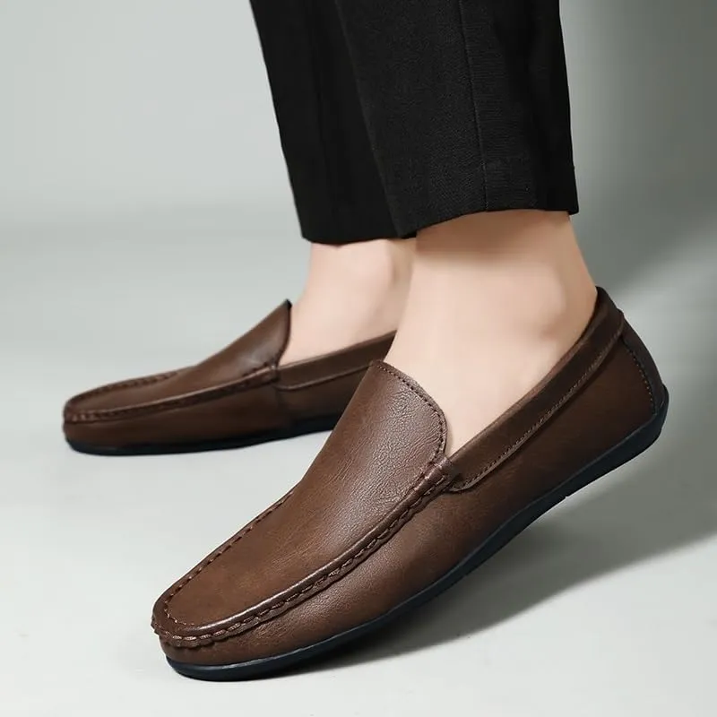 Men's Vegan Leather Loafers - Solid Color Round Toe Flat Heel Anti-Slip Flexible Slip-Ons for Fashion and Casual Wear