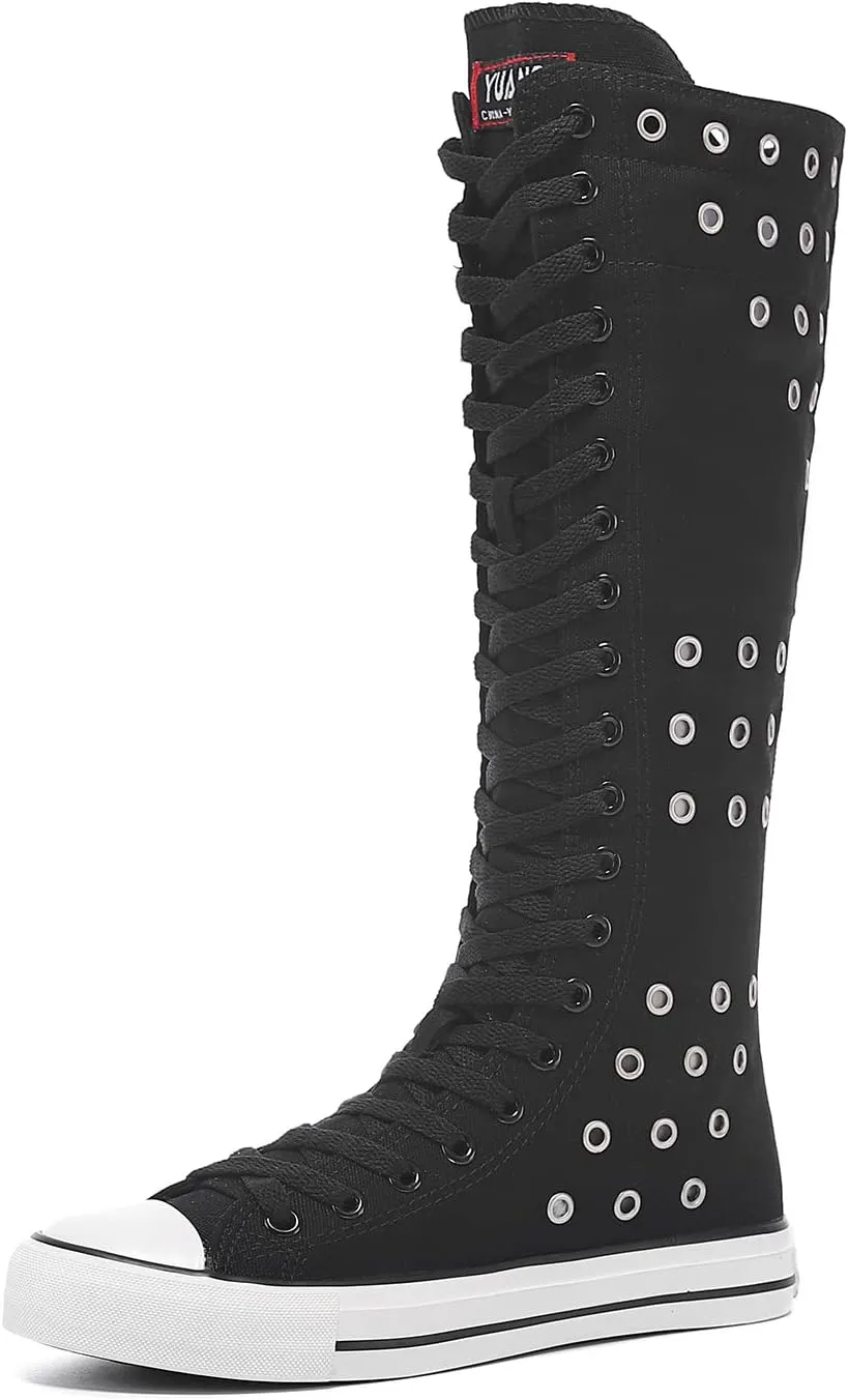 Momuk Women's Knee High Lace Up Zip Fashion Dancing Canvas Boots