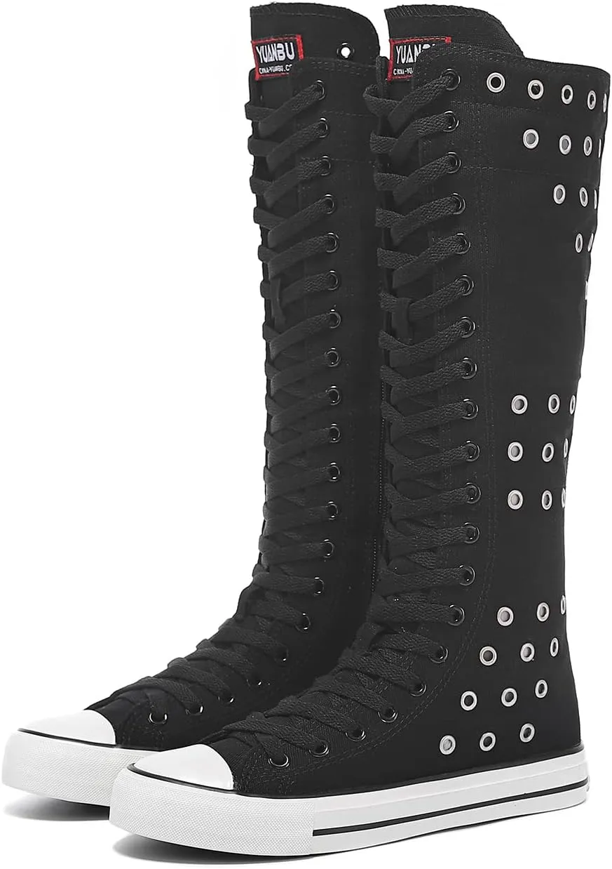 Momuk Women's Knee High Lace Up Zip Fashion Dancing Canvas Boots