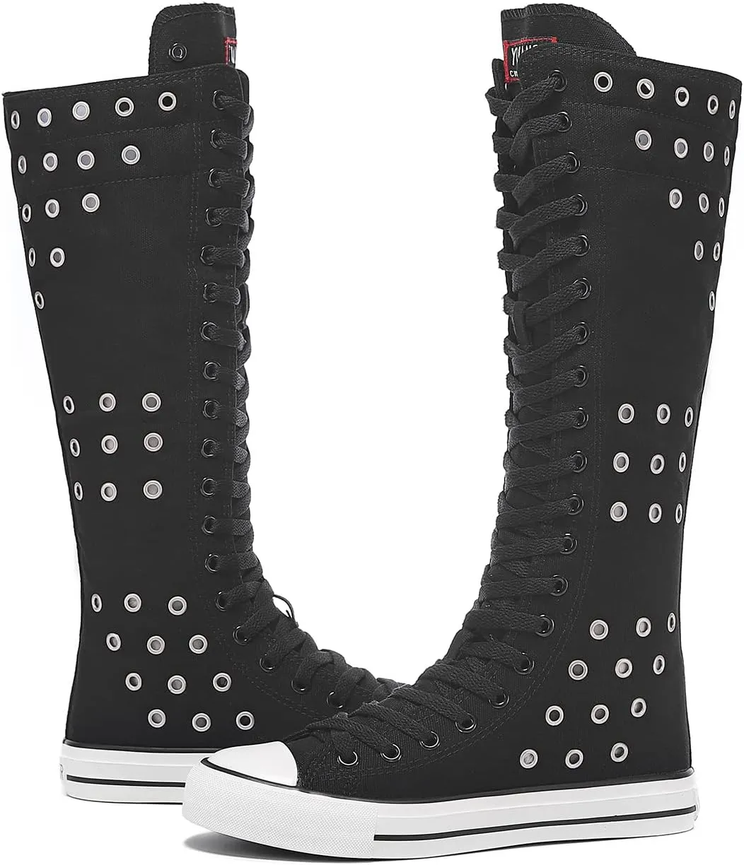 Momuk Women's Knee High Lace Up Zip Fashion Dancing Canvas Boots