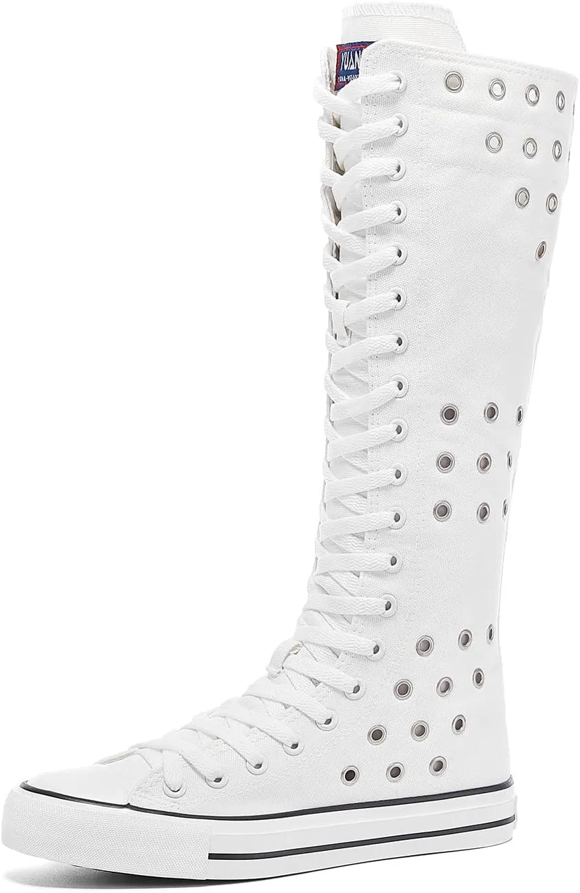 Momuk Women's Knee High Lace Up Zip Fashion Dancing Canvas Boots