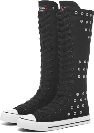 Momuk Women's Knee High Lace Up Zip Fashion Dancing Canvas Boots