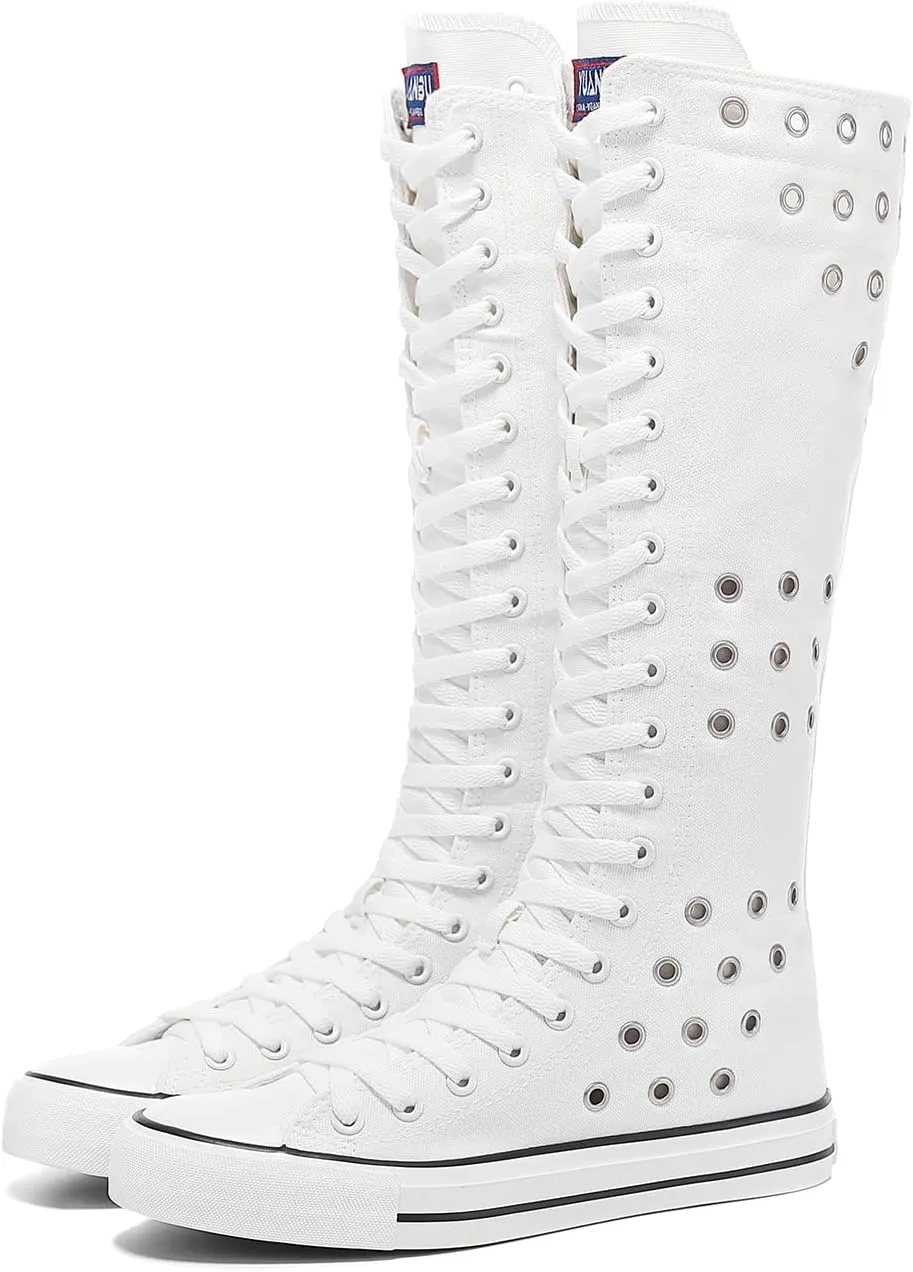 Momuk Women's Knee High Lace Up Zip Fashion Dancing Canvas Boots