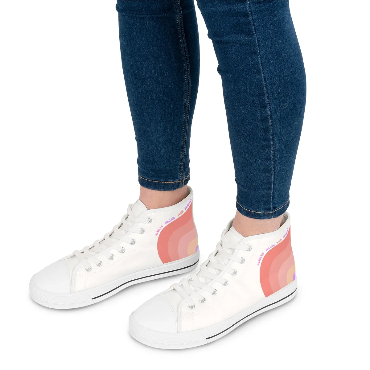 Positivity Theme Sneakers, Always Follow Your Dreams Retro Font Sneakers, Canvas Rainbow Chucks, Positivity High Tops