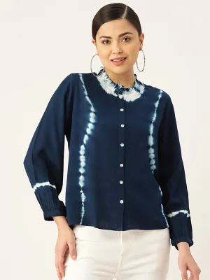 Rayon Blue Frill Neck Shirt